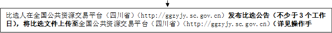 比選人在全國公共資源交易平臺（四川?。╤ttp://ggzyjy.sc.gov.cn）發(fā)布比選公告（不少于3個工作日），將比選文件上傳至全國公共資源交易平臺（四川?。╤ttp://ggzyjy.sc.gov.cn）（詳見操作手冊）。

